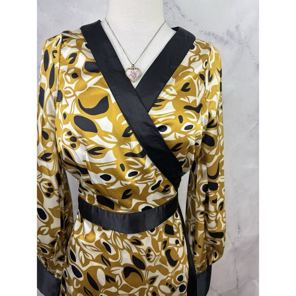 BCBG Maxazria Y2k Satin Adele Wrap Dress M Black Gold Long Sleeves Abstract - Picture 5 of 14